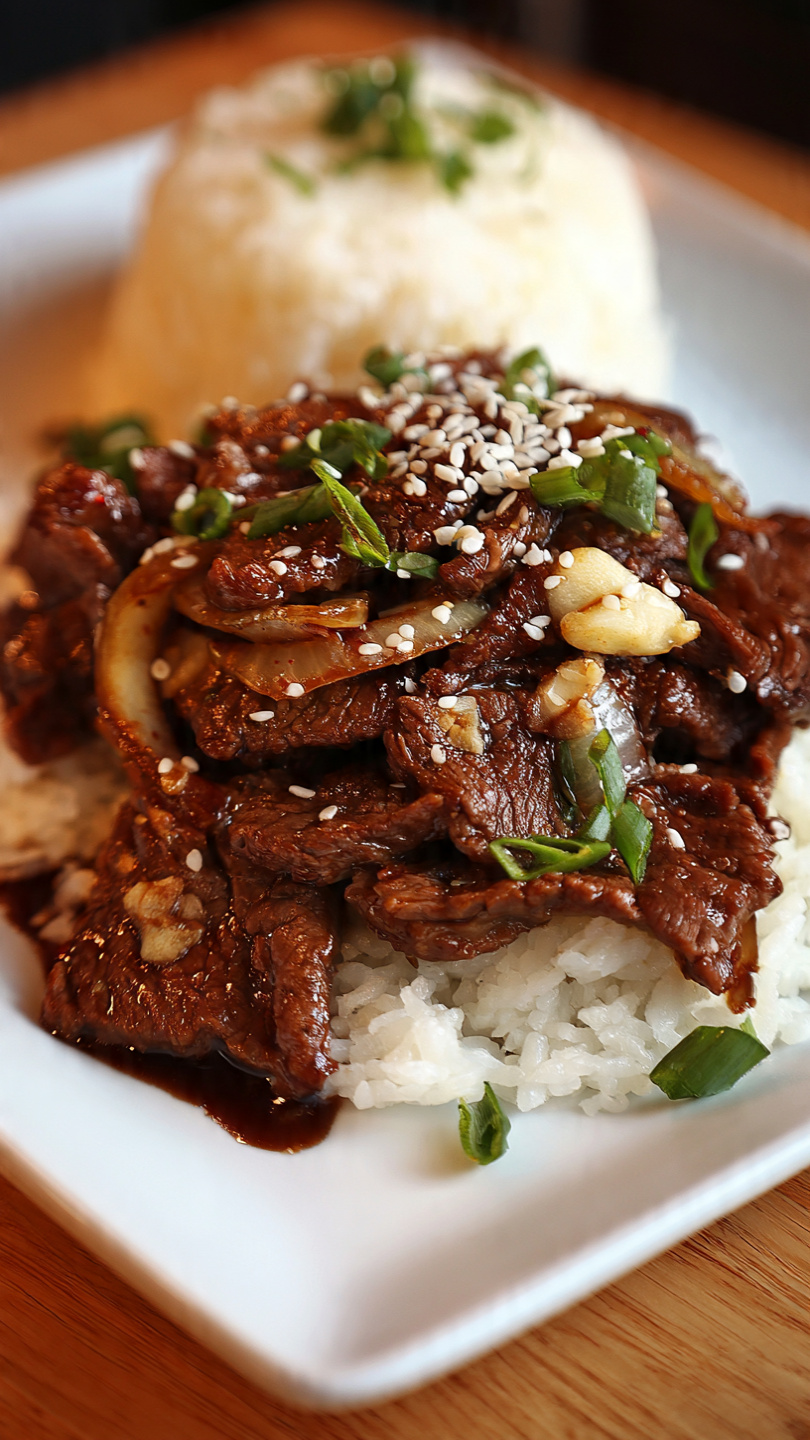 Shaved Beef Rice Bowl with Braised Green Onions